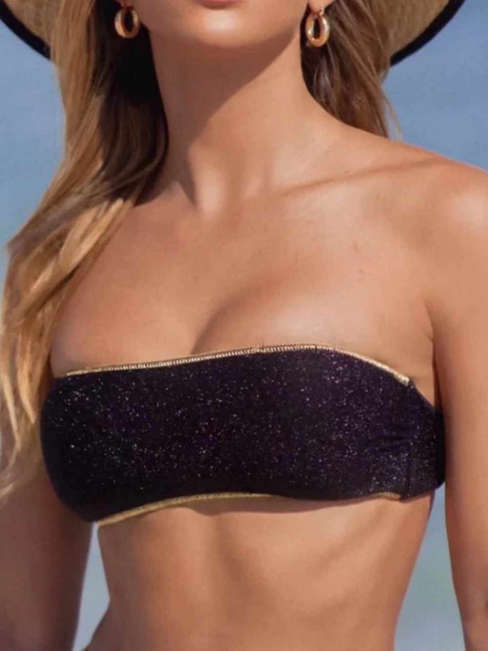 Luli Fama Stardust Bandeau Bikini Top in Black with Gold Trim - Size M